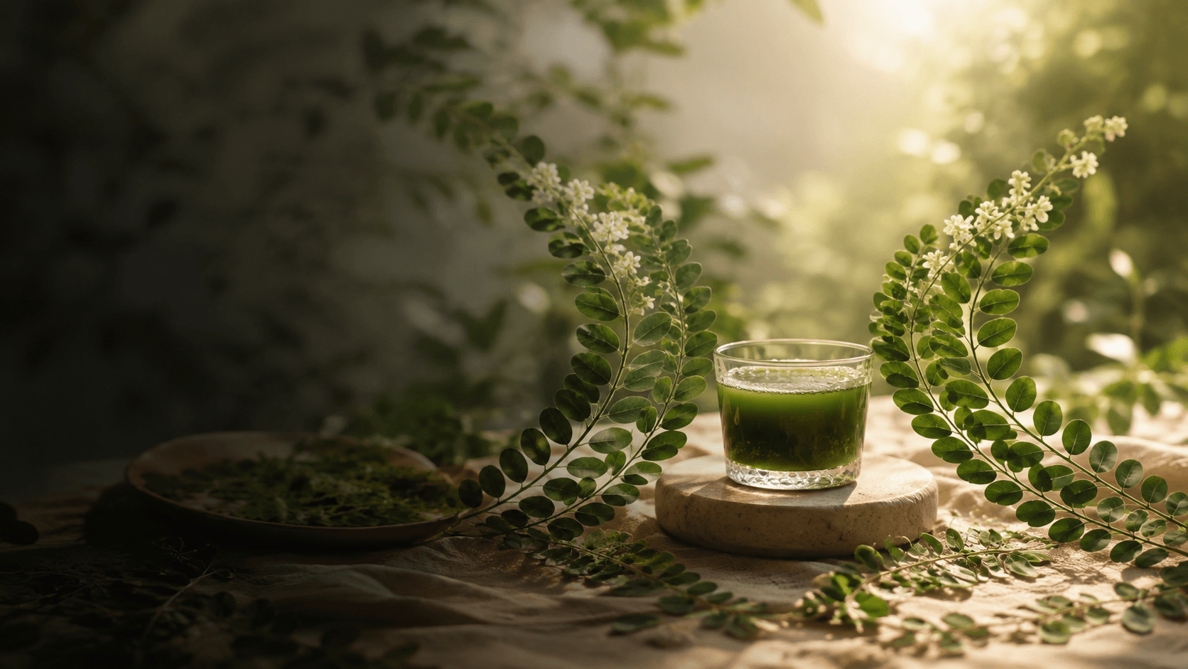 A metaphorical representation of SanjNeel values through moringa leaves, light and an everyday green ritual